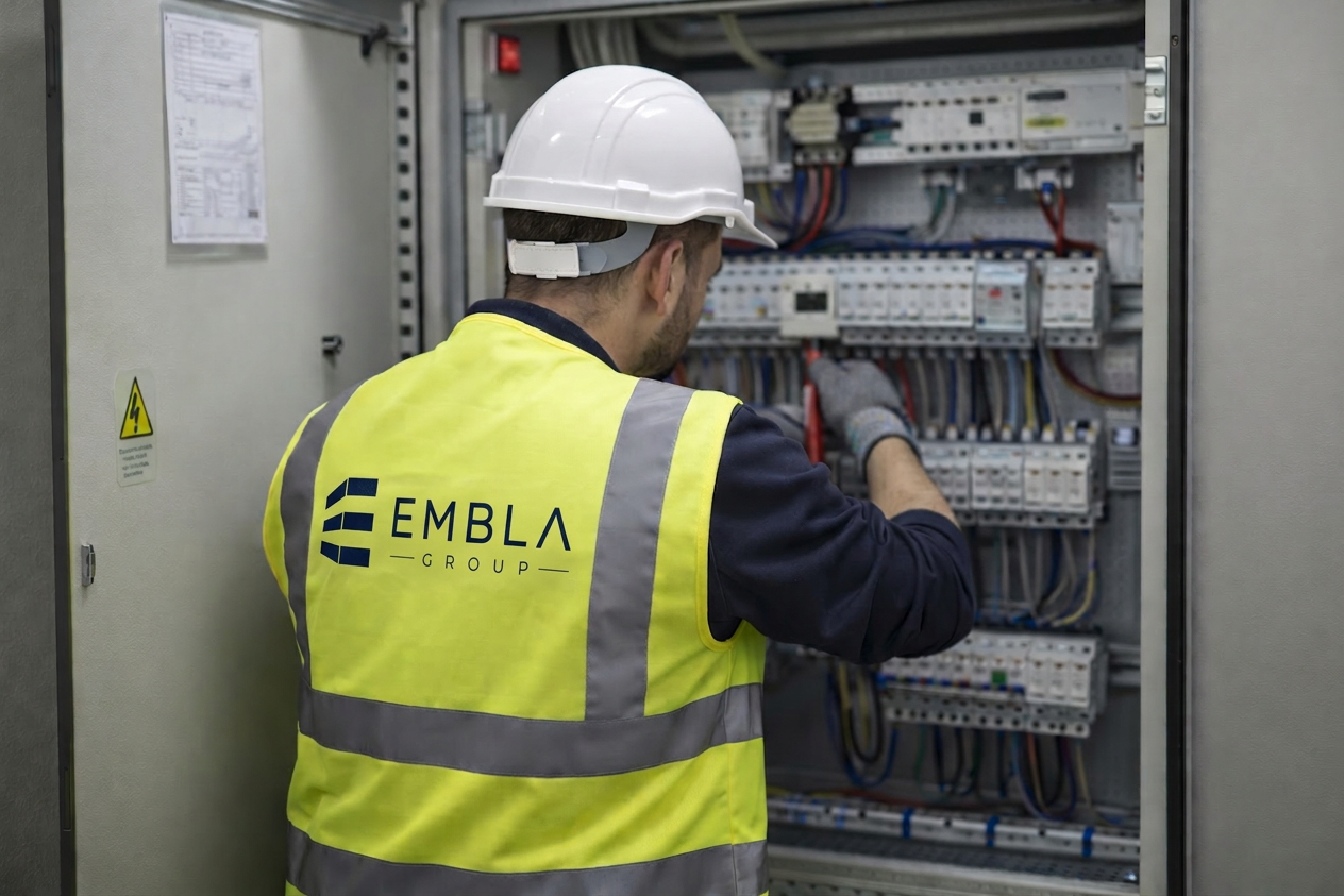 Embla Group engineers working on an electrical panel
